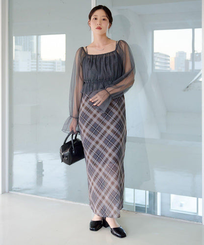 荷葉邊薄紗拼接繫帶連衣裙套裝