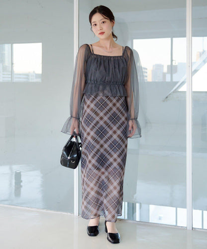 荷葉邊薄紗拼接繫帶連衣裙套裝