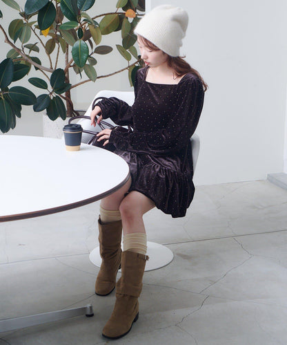 天鵝絨鉚釘裝飾迷你連衣裙