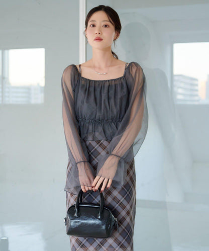 荷葉邊薄紗拼接繫帶連衣裙套裝