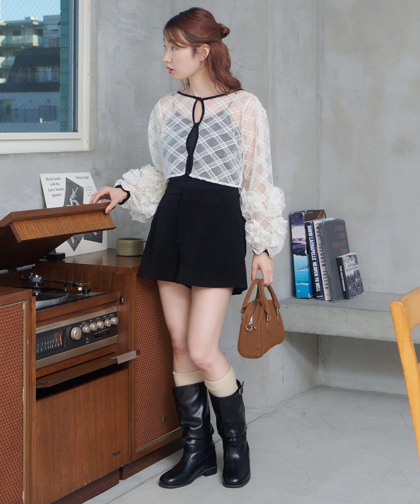 透視格紋×天鵝絨連衣裙套裝