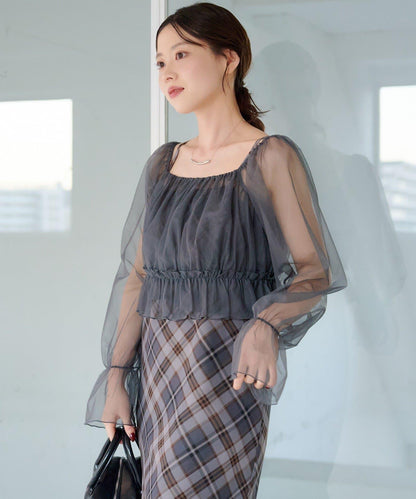 荷葉邊薄紗拼接繫帶連衣裙套裝