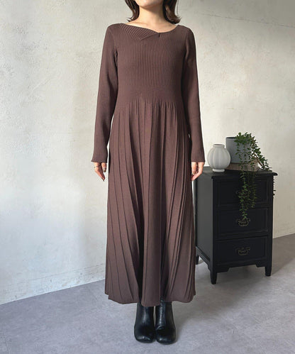 垂領拼接羅紋針織連衣裙