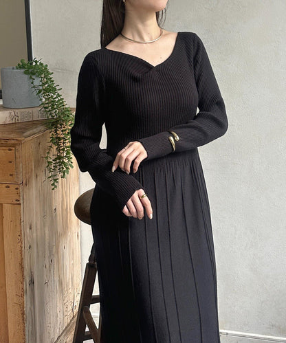 垂領拼接羅紋針織連衣裙