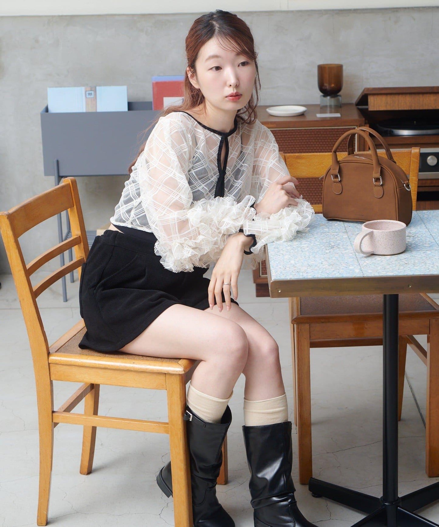 透視格紋×天鵝絨連衣裙套裝