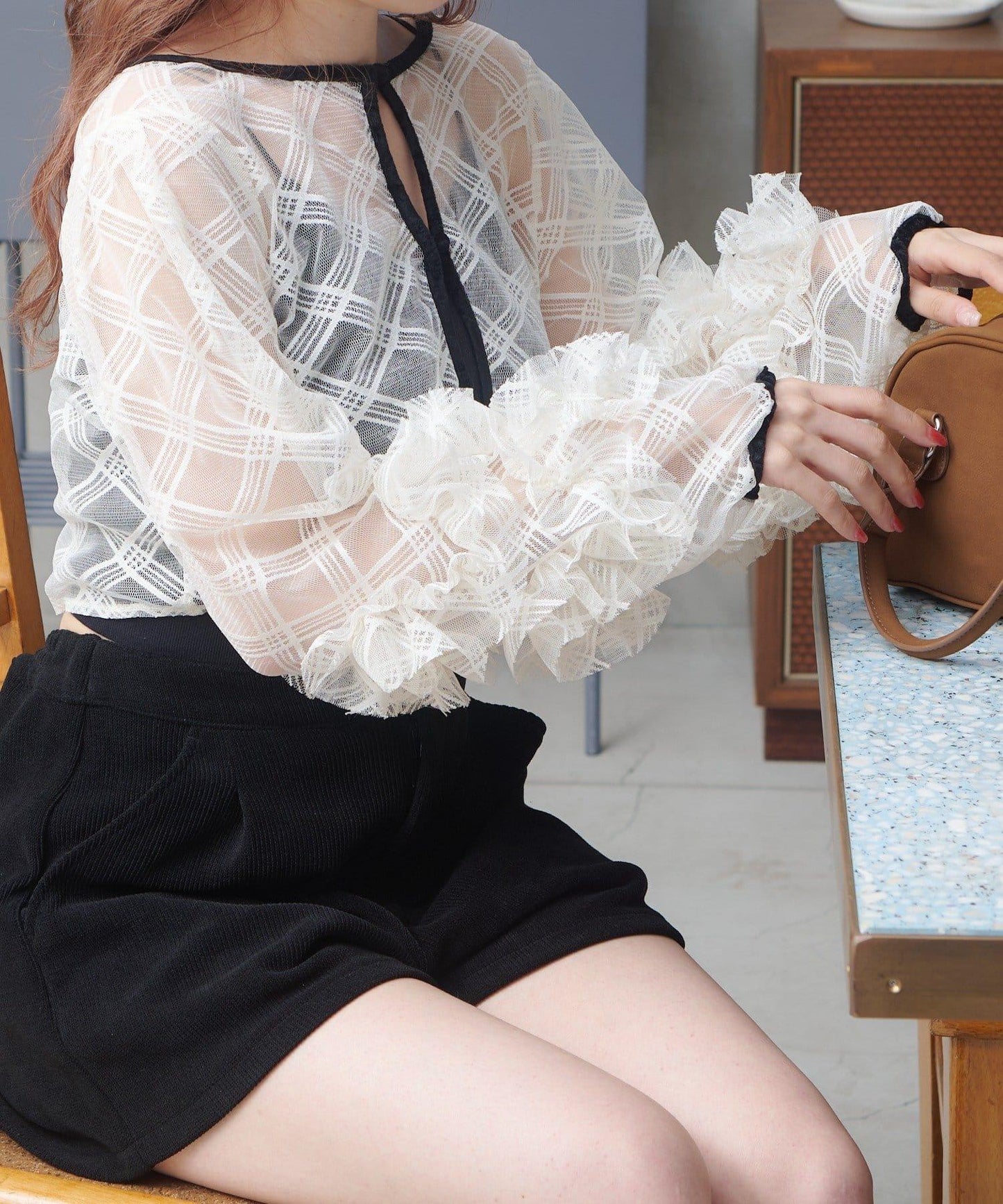 透視格紋×天鵝絨連衣裙套裝