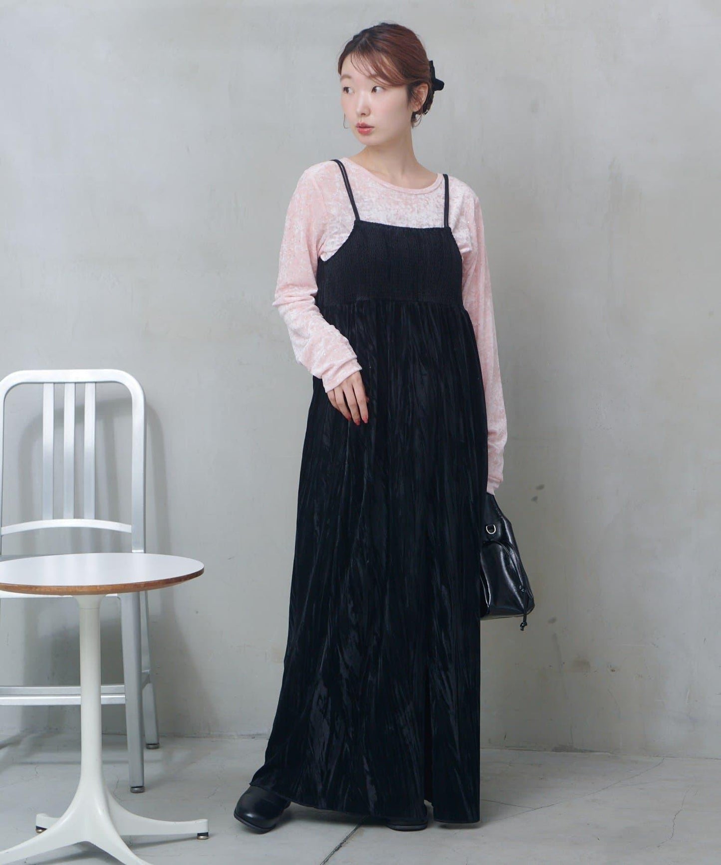 透視格紋×天鵝絨連衣裙套裝