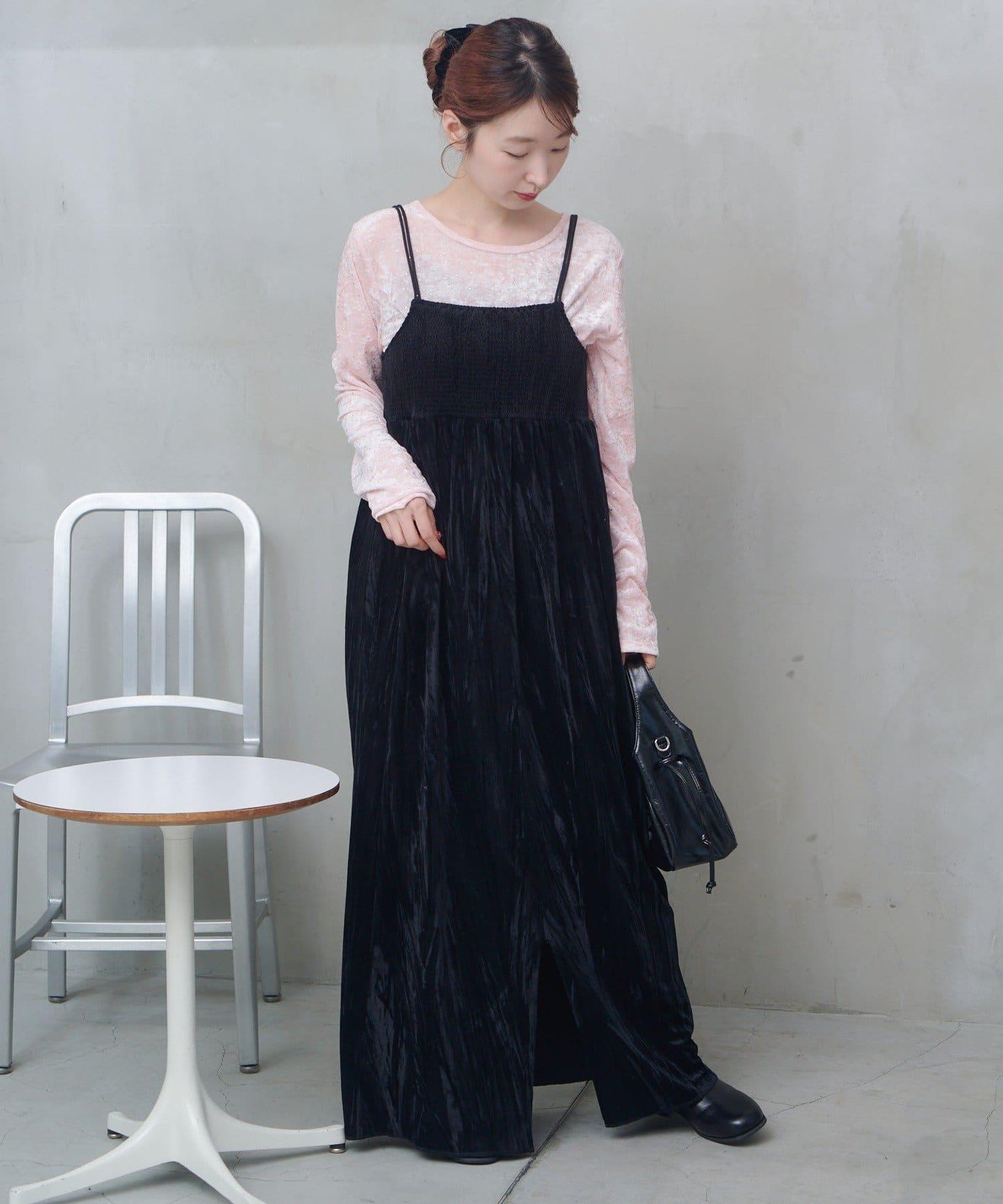 透視格紋×天鵝絨連衣裙套裝