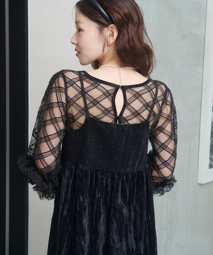 透視格紋×天鵝絨連衣裙套裝