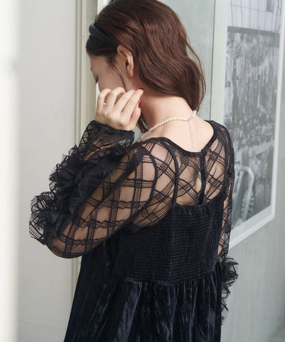 透視格紋×天鵝絨連衣裙套裝