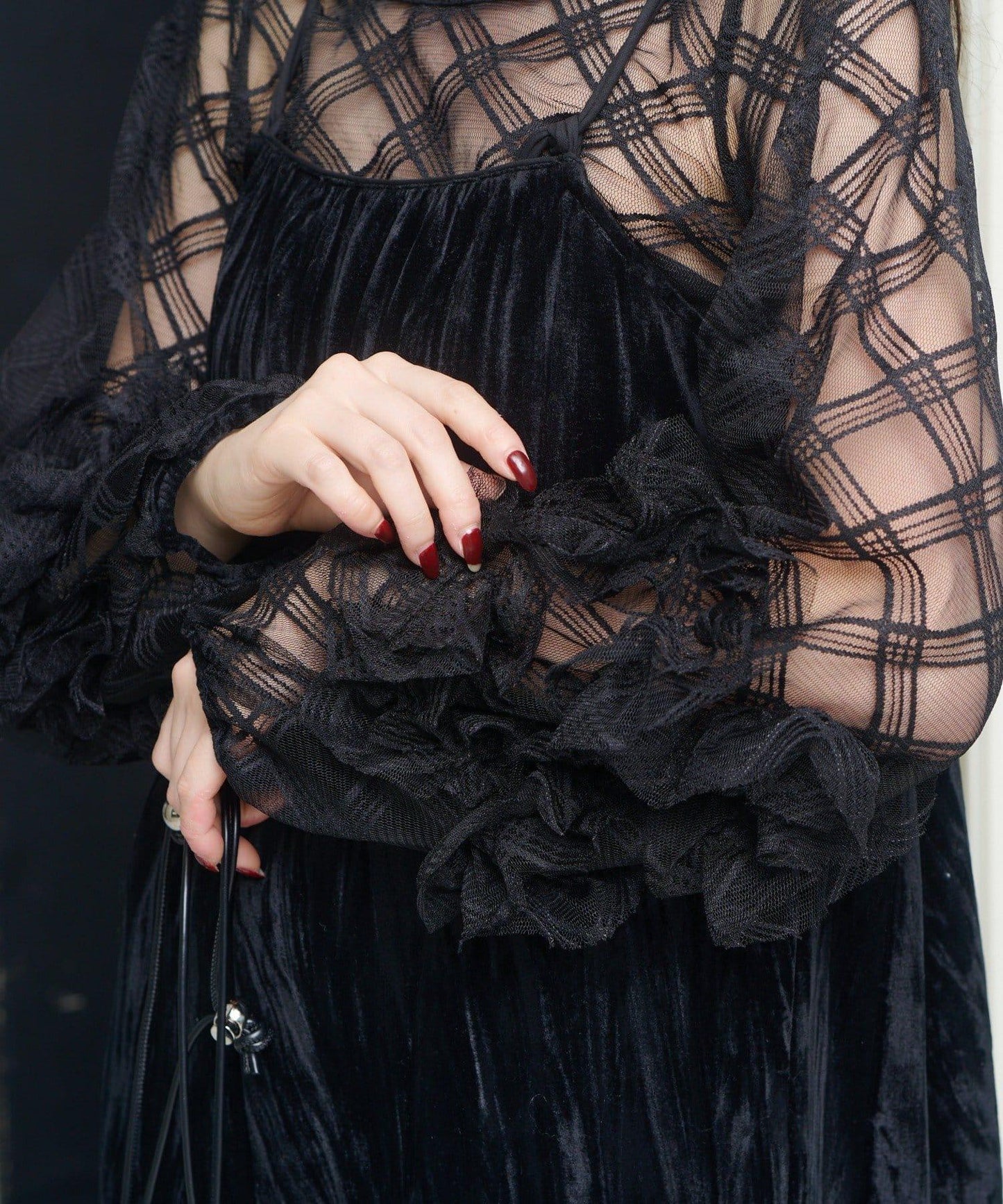 透視格紋×天鵝絨連衣裙套裝