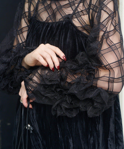 透視格紋×天鵝絨連衣裙套裝