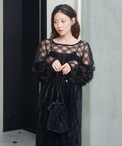 透視格紋×天鵝絨連衣裙套裝