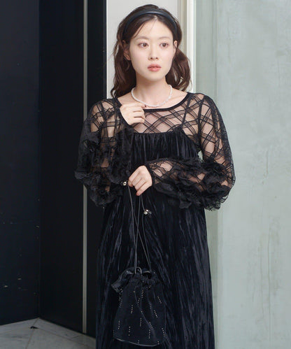 透視格紋×天鵝絨連衣裙套裝