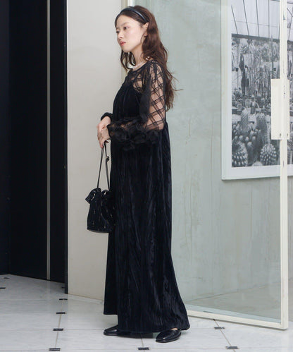透視格紋×天鵝絨連衣裙套裝