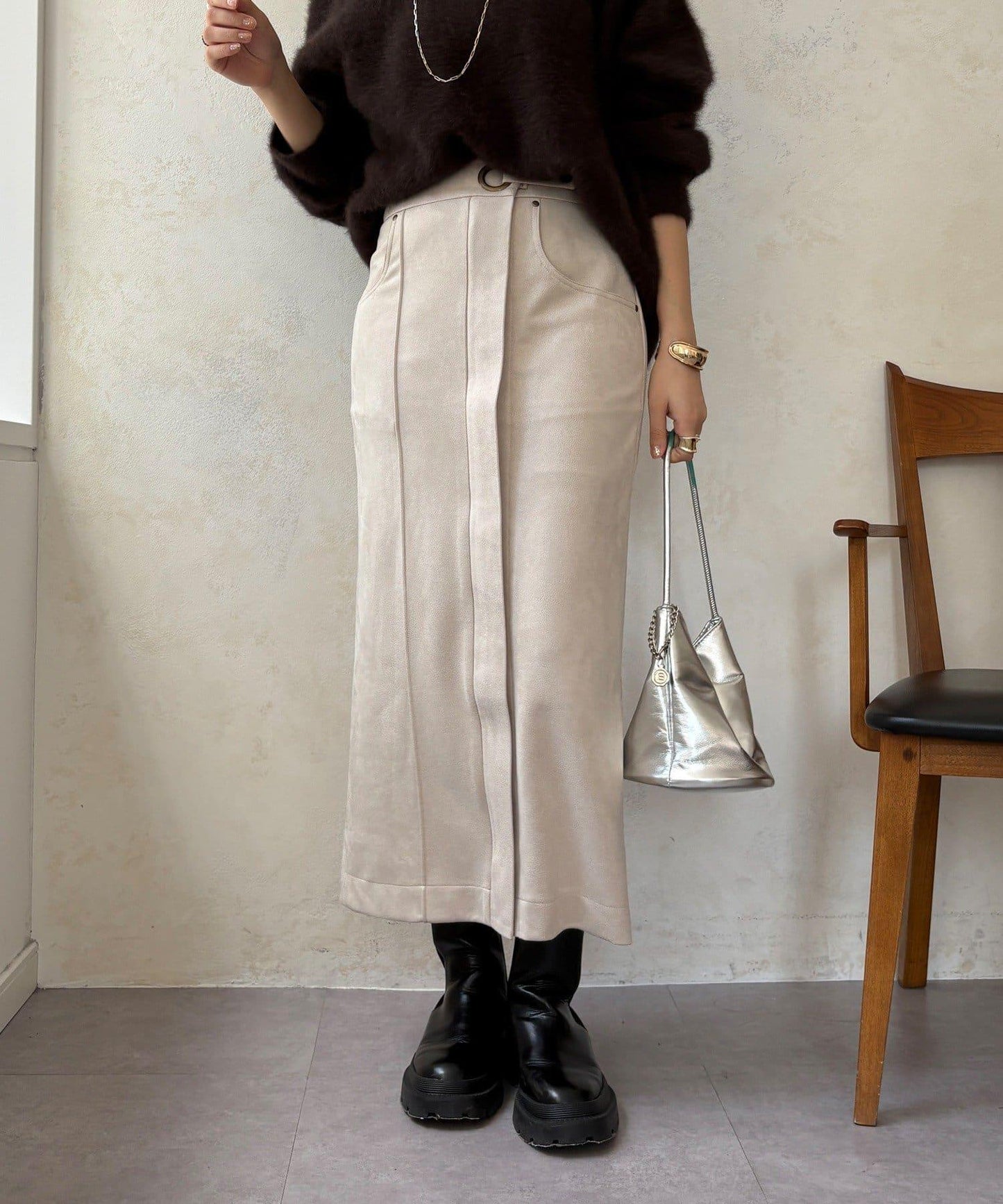 麂皮絨針織半身裙