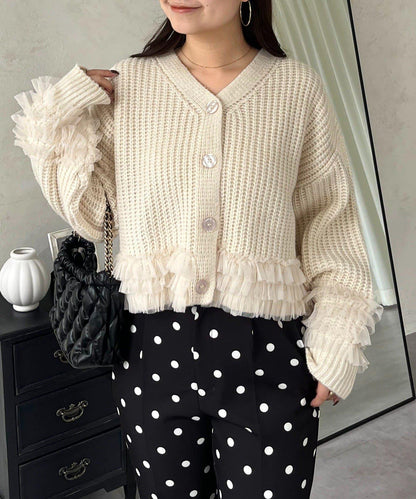 網紗荷葉邊針織開衫