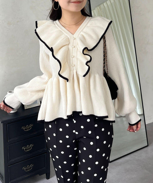 珍珠扣拼色荷葉邊短款針織衫