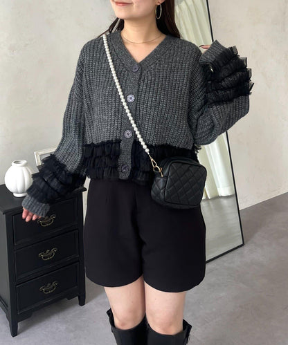 網紗荷葉邊針織開衫