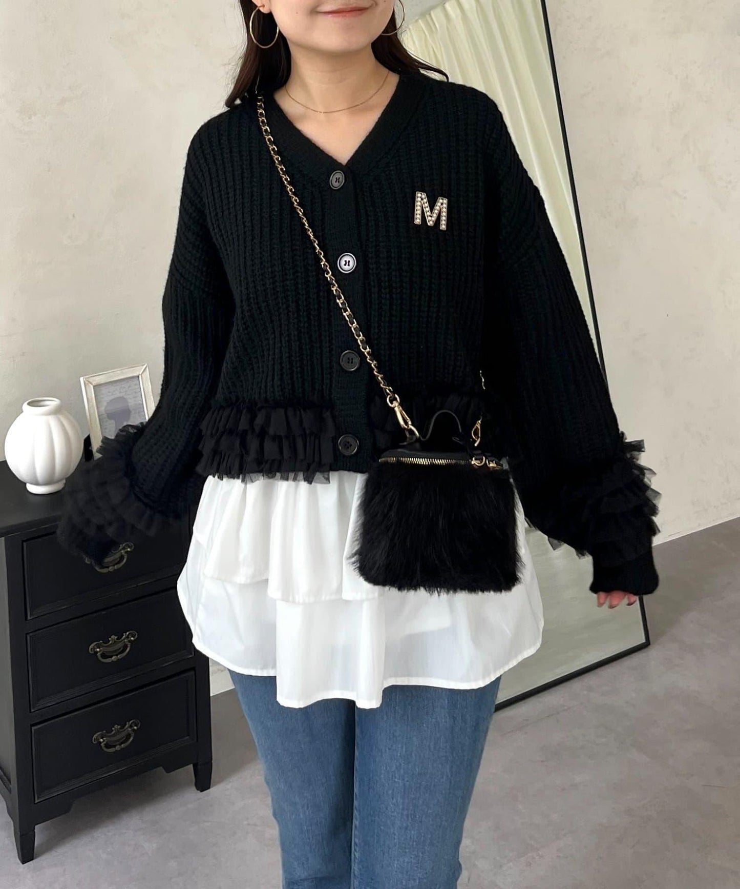 網紗荷葉邊針織開衫