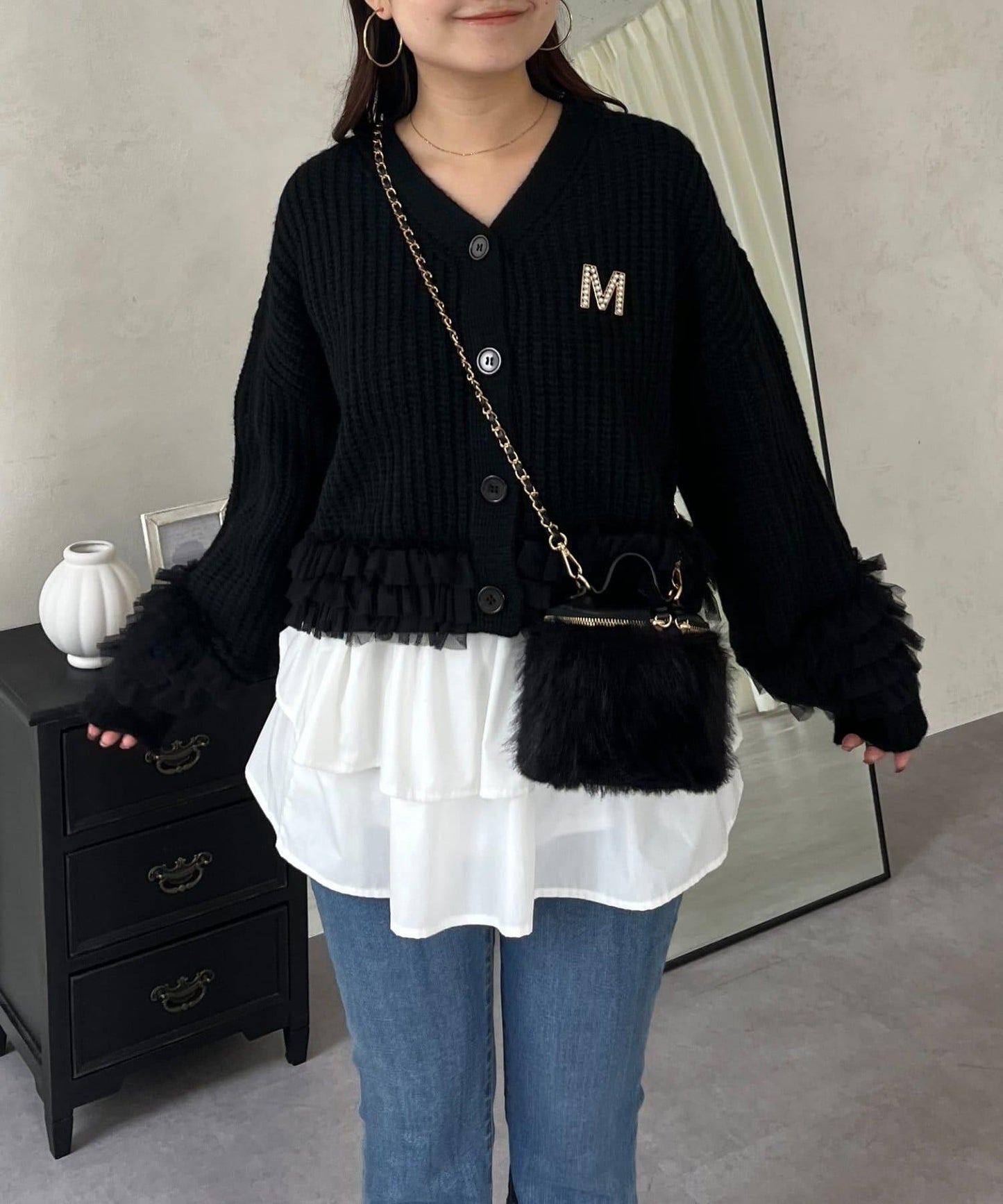 網紗荷葉邊針織開衫