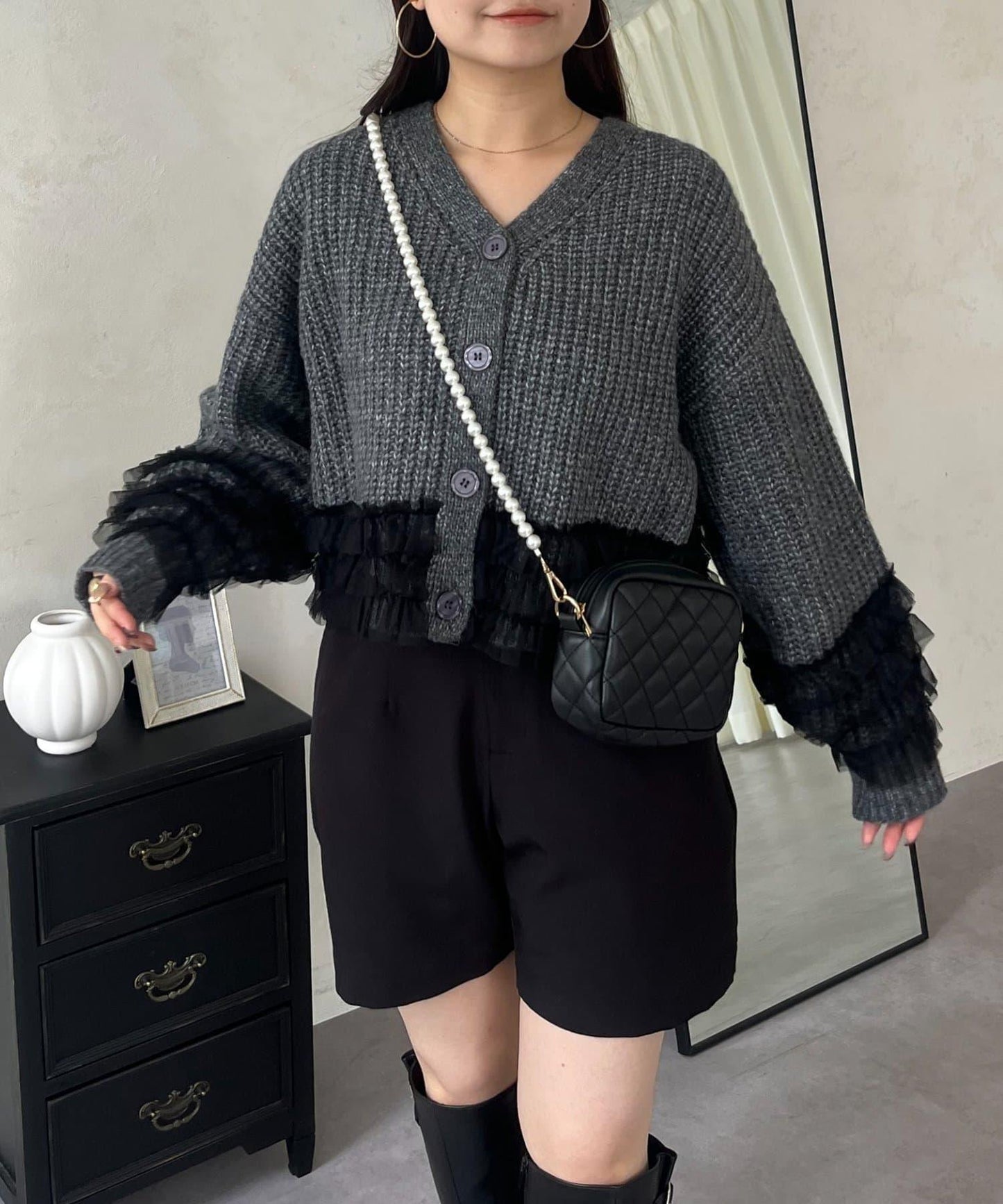 網紗荷葉邊針織開衫