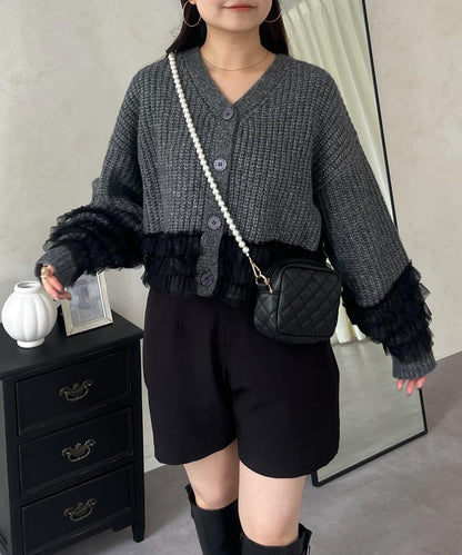 網紗荷葉邊針織開衫