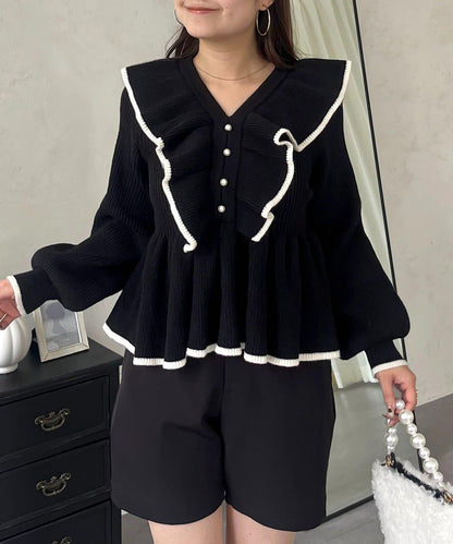 珍珠扣拼色荷葉邊短款針織衫