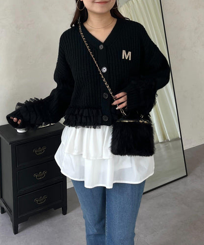 網紗荷葉邊針織開衫