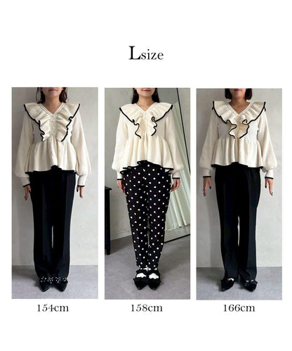 珍珠扣拼色荷葉邊短款針織衫