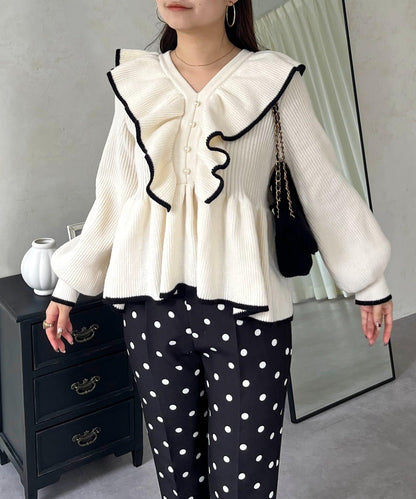 珍珠扣拼色荷葉邊短款針織衫