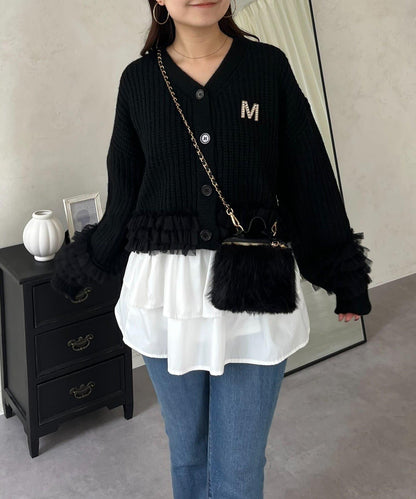 網紗荷葉邊針織開衫