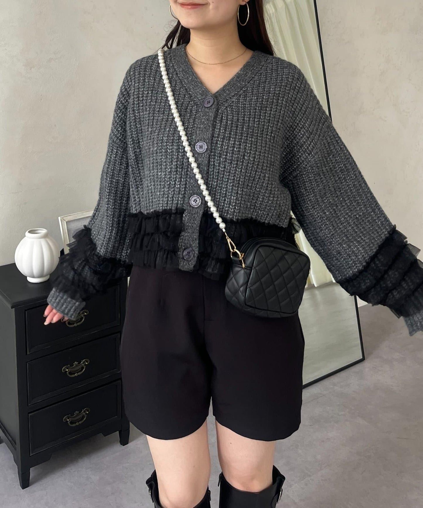 網紗荷葉邊針織開衫