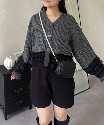 網紗荷葉邊針織開衫