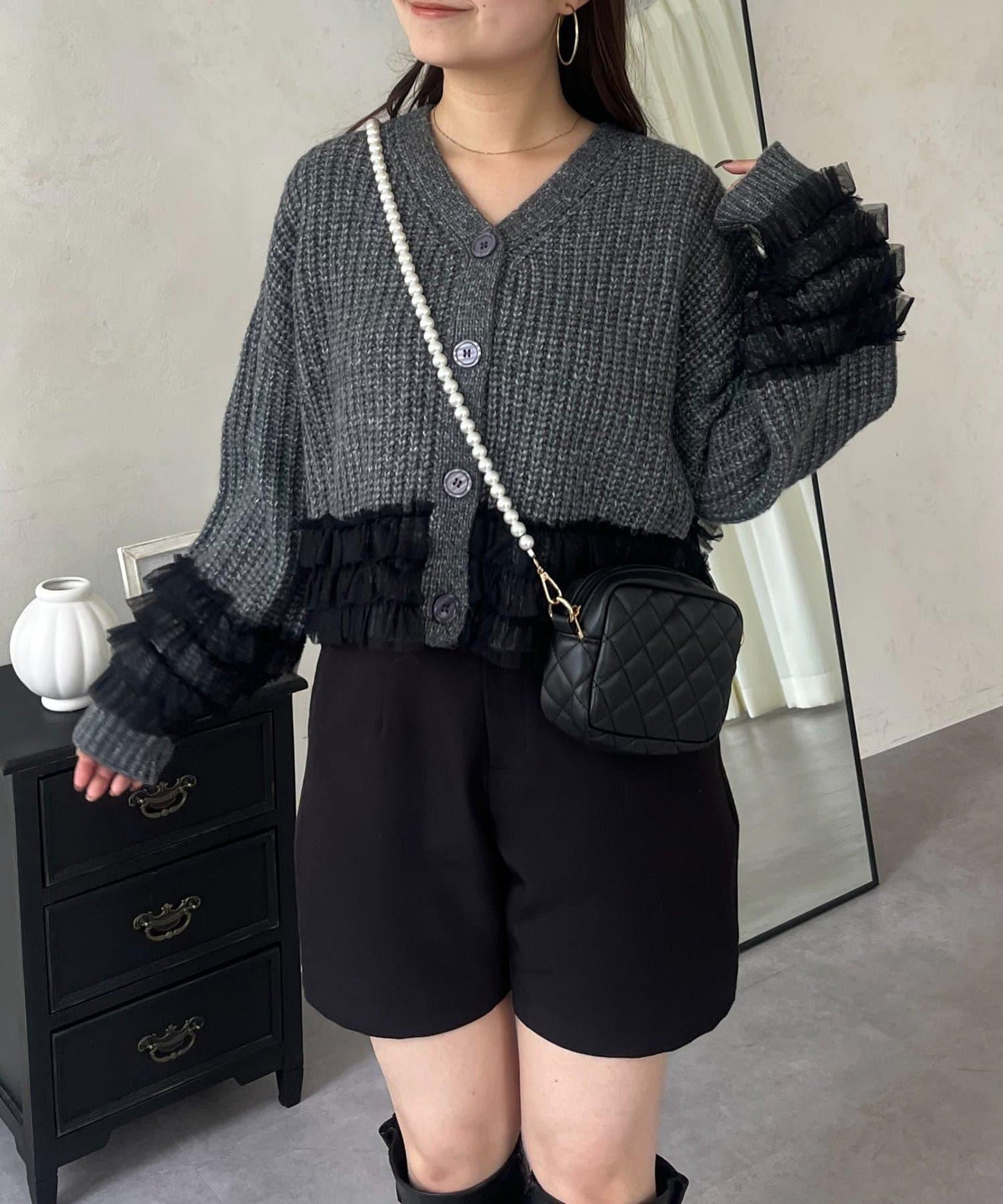 網紗荷葉邊針織開衫