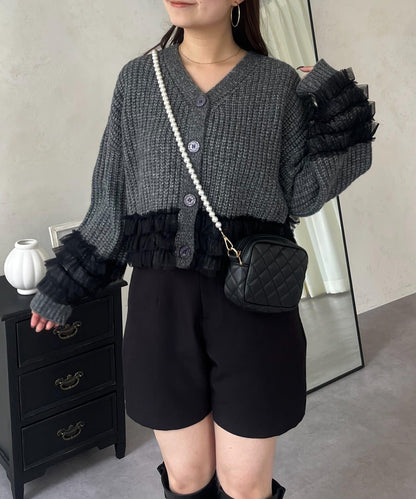 網紗荷葉邊針織開衫