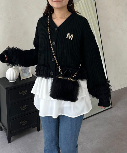 網紗荷葉邊針織開衫