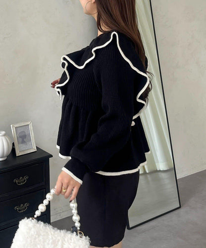 珍珠扣拼色荷葉邊短款針織衫