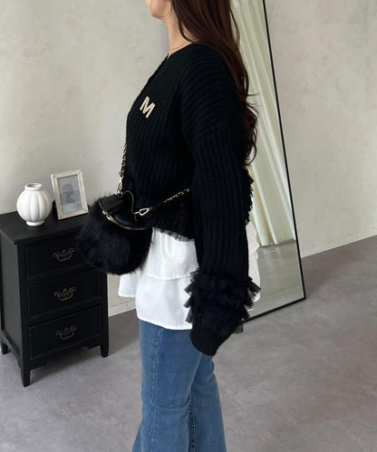 網紗荷葉邊針織開衫