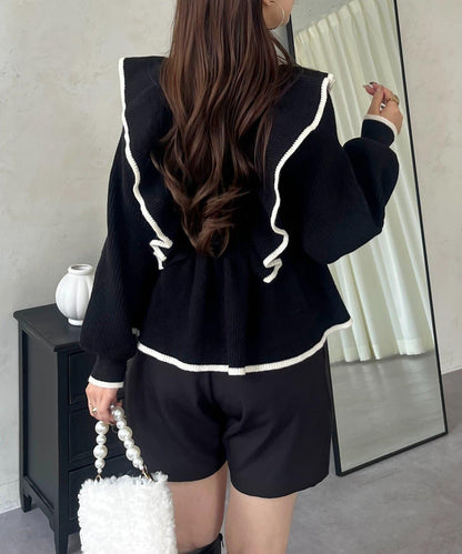 珍珠扣拼色荷葉邊短款針織衫