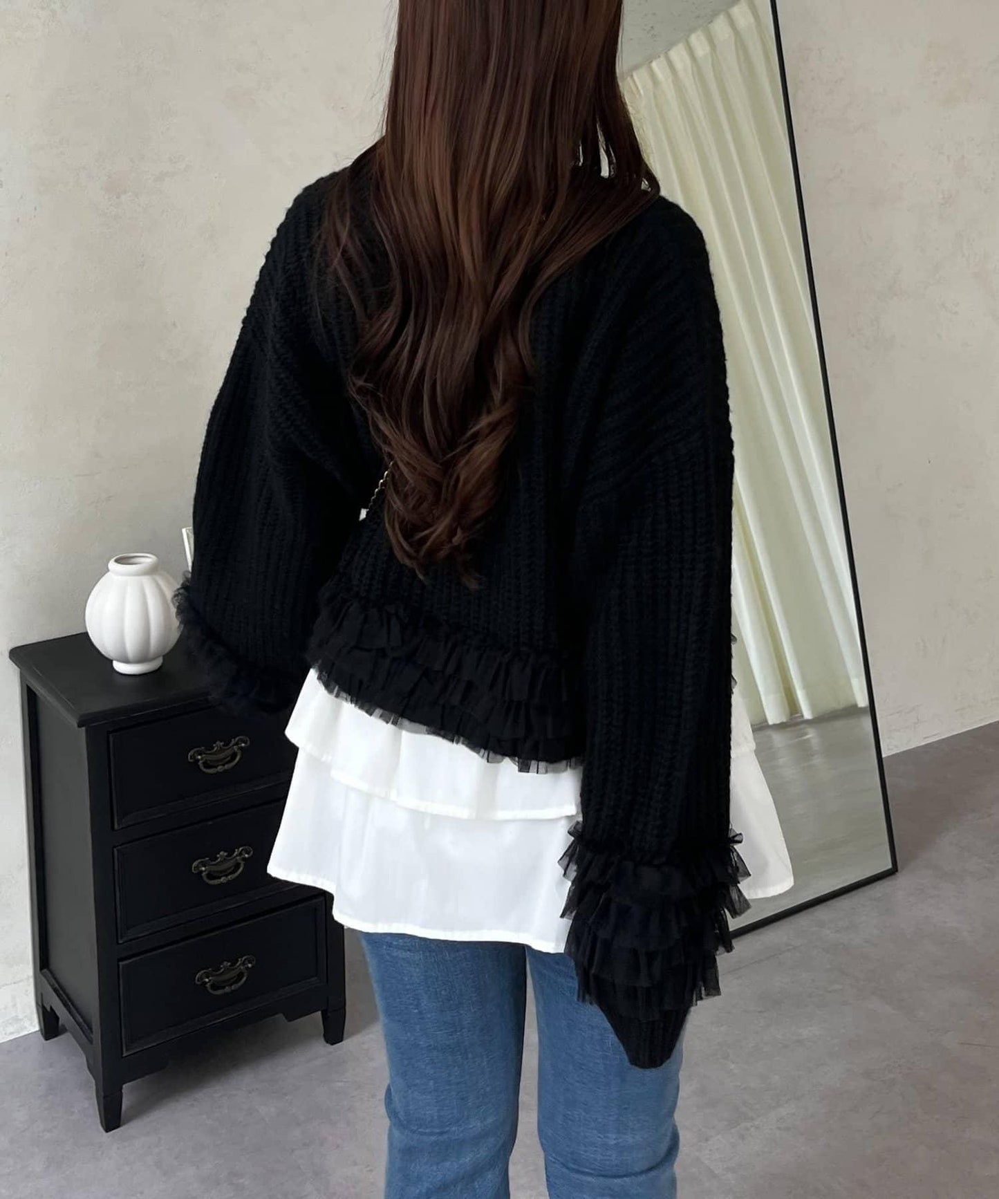 網紗荷葉邊針織開衫