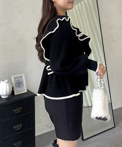 珍珠扣拼色荷葉邊短款針織衫