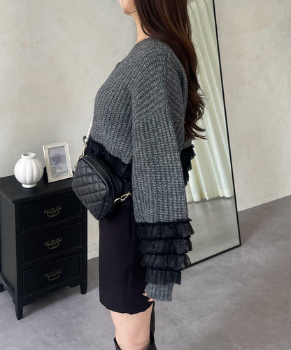 網紗荷葉邊針織開衫