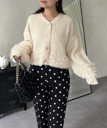 網紗荷葉邊針織開衫