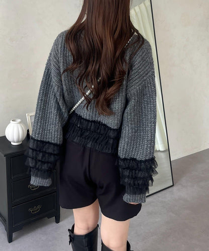 網紗荷葉邊針織開衫