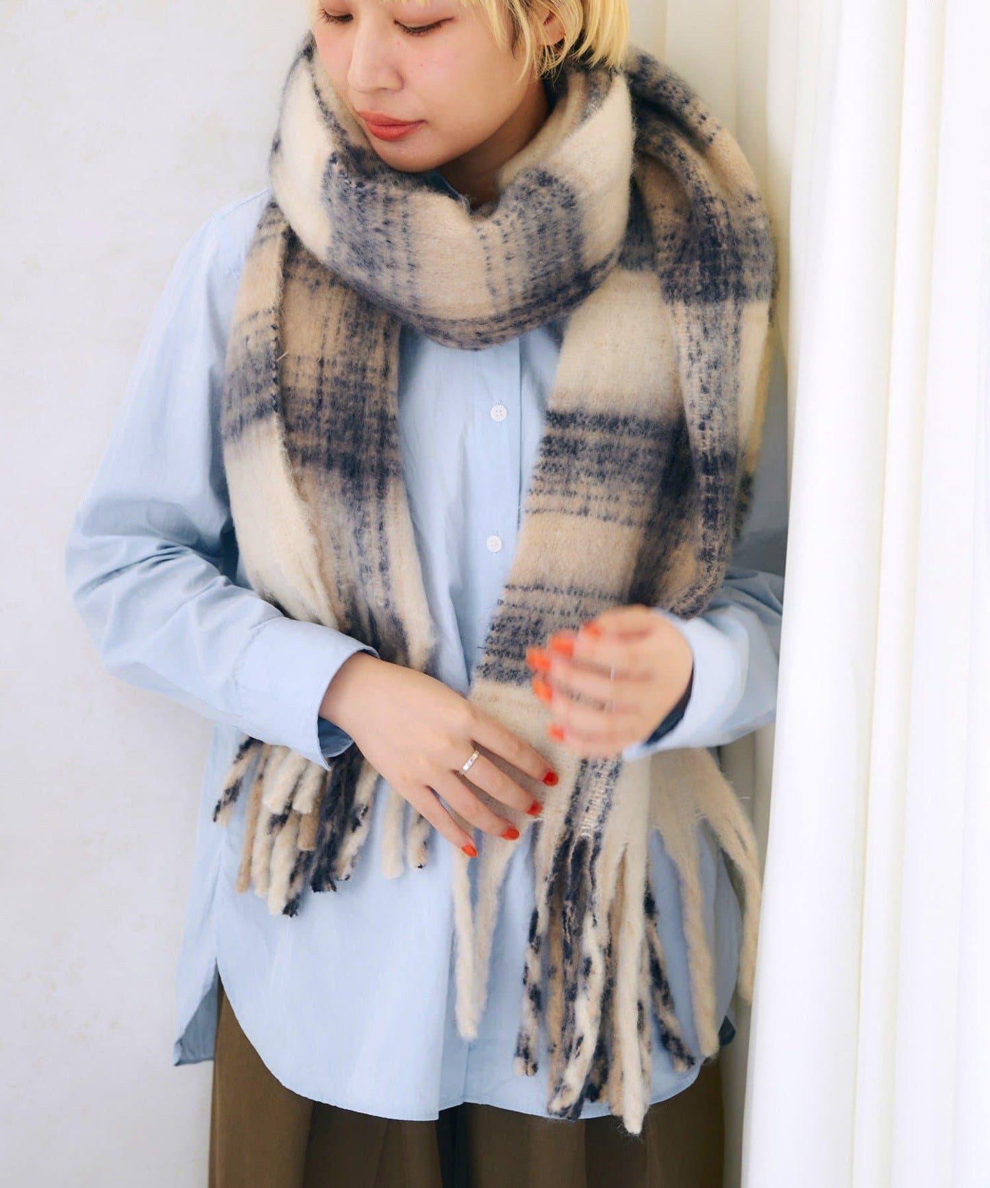 フリンジボリュームチェックマフラー