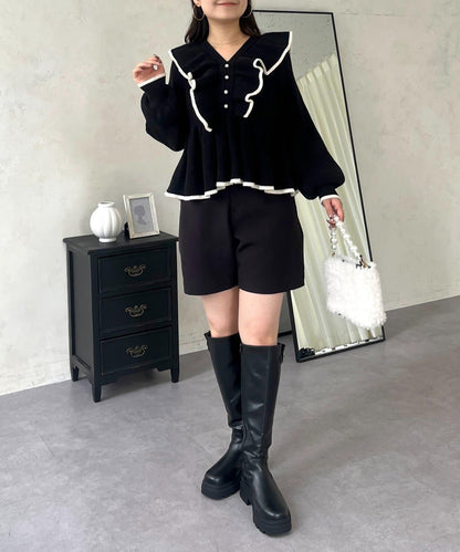 珍珠扣拼色荷葉邊短款針織衫