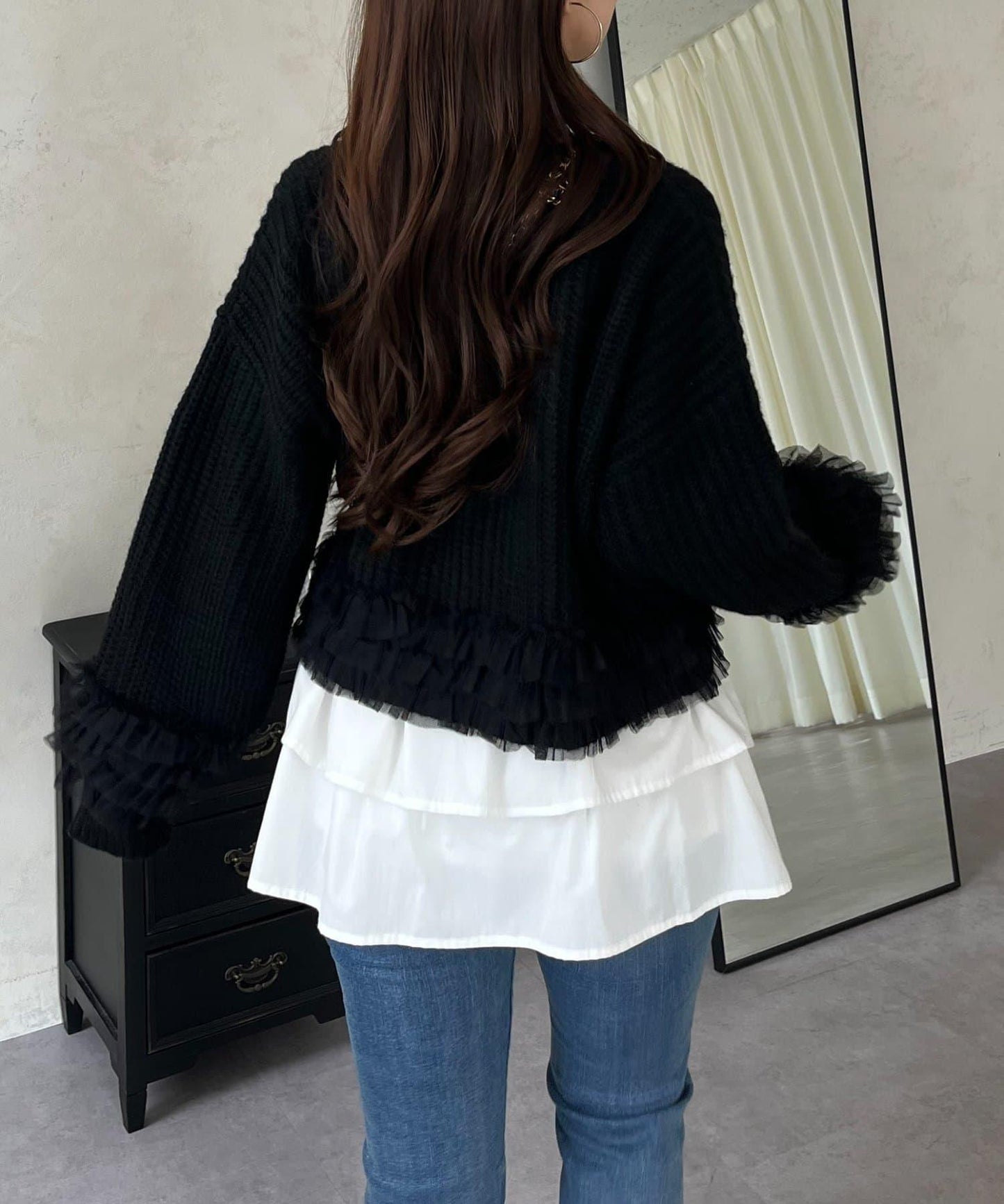 網紗荷葉邊針織開衫