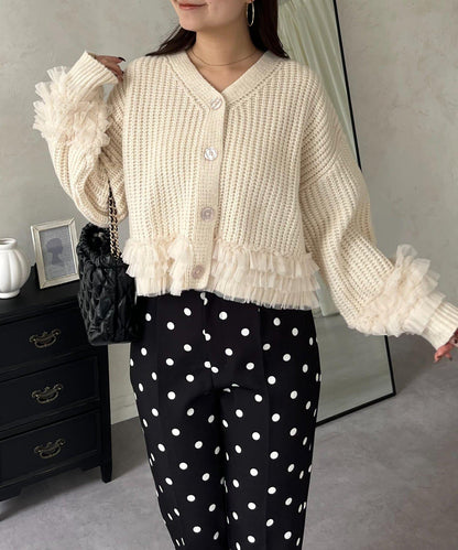 網紗荷葉邊針織開衫