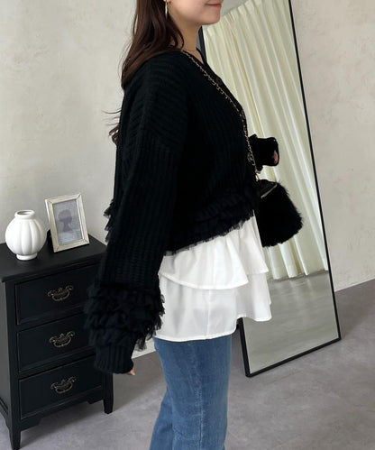 網紗荷葉邊針織開衫